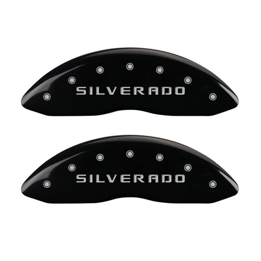 MGP Front set 2 Caliper Covers Engraved Front Silverado Black finish silver ch - 14238FSILBK