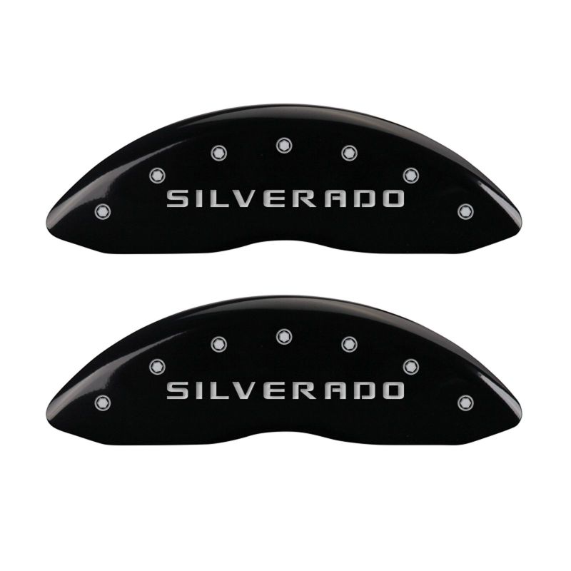 MGP 4 Caliper Covers Engraved Front & Rear Silverado Black finish silver ch - 14048SSILBK