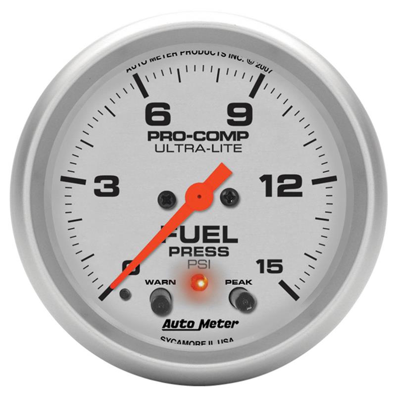 Autometer Ultra-Lite 66.7mm Full Sweep Elec 0-15 PSI Fuel Pressure w/ Peak Memory & Warning Gauge - 4470