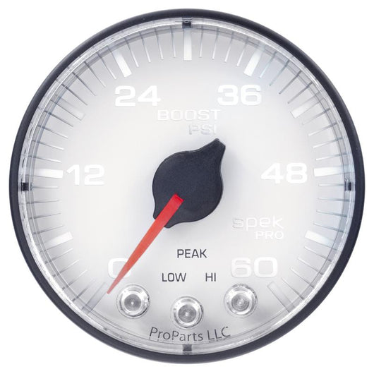 Autometer Spek-Pro Gauge Boost 2 1/16in 60psi Stepper Motor W/Peak & Warn Wht/Blk - P304128
