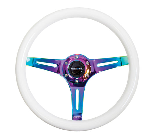 NRG Classic Wood Grain Steering Wheel (350mm) Glow-N-The-Dark Green Grip w/Neochrome 3-Spoke Center - ST-015MC-GL