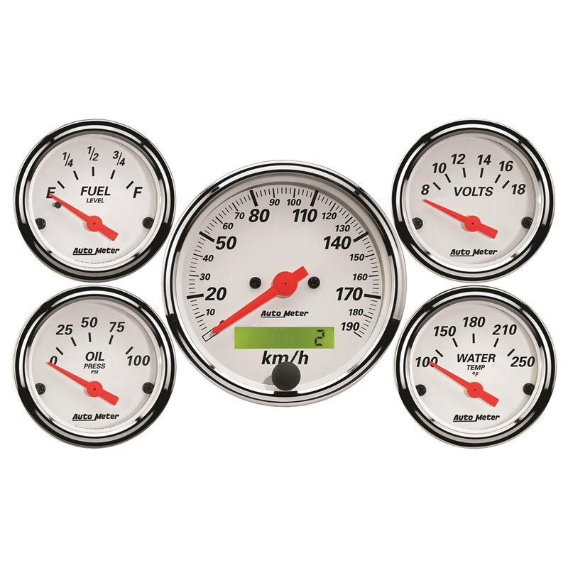 Autometer Arctic White 5 Pc Kit Box w/ Elec KMH Speedo, Elec Oil Press, Water Temp, Volt, Fuel Level - 1302-M