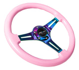 NRG Classic Wood Grain Steering Wheel (350mm) Solid Pink Painted Grip w/Neochrome 3-Spoke Center - ST-015MC-PK