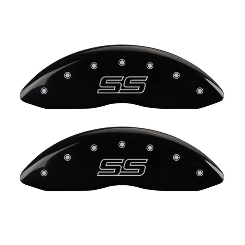 MGP 4 Caliper Covers Engraved Front & Rear Trailblazer style/SS Black finish silver ch - 14030STSSBK