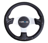 NRG Carbon Fiber Steering Wheel (350mm) Silver Frame Blk Stitching w/Rubber Cover Horn Button - ST-014CFSL