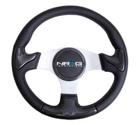 NRG Carbon Fiber Steering Wheel (350mm) Silver Frame Blk Stitching w/Rubber Cover Horn Button - ST-014CFSL