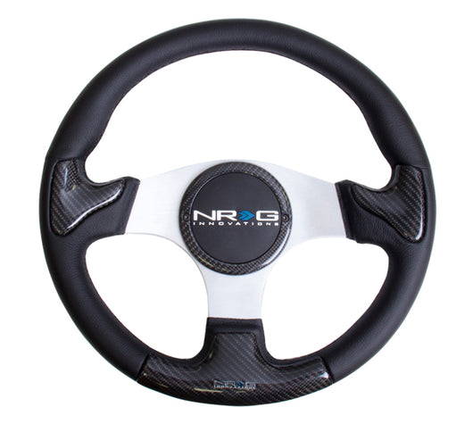 NRG Carbon Fiber Steering Wheel (350mm) Silver Frame Blk Stitching w/Rubber Cover Horn Button - ST-014CFSL