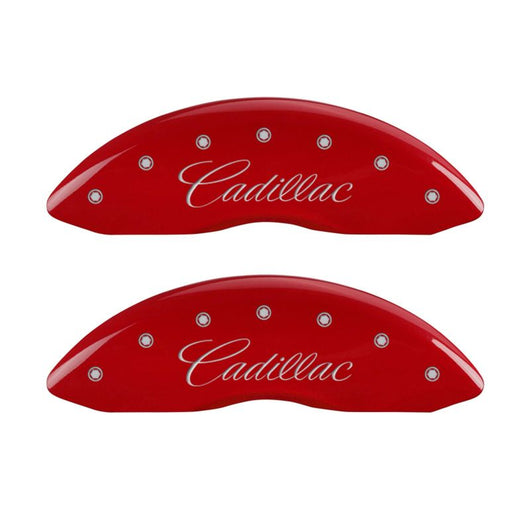 MGP 4 Caliper Covers Engraved Front Cursive/Cadillac Engraved Rear SRX Red finish silver ch - 35004SSRXRD