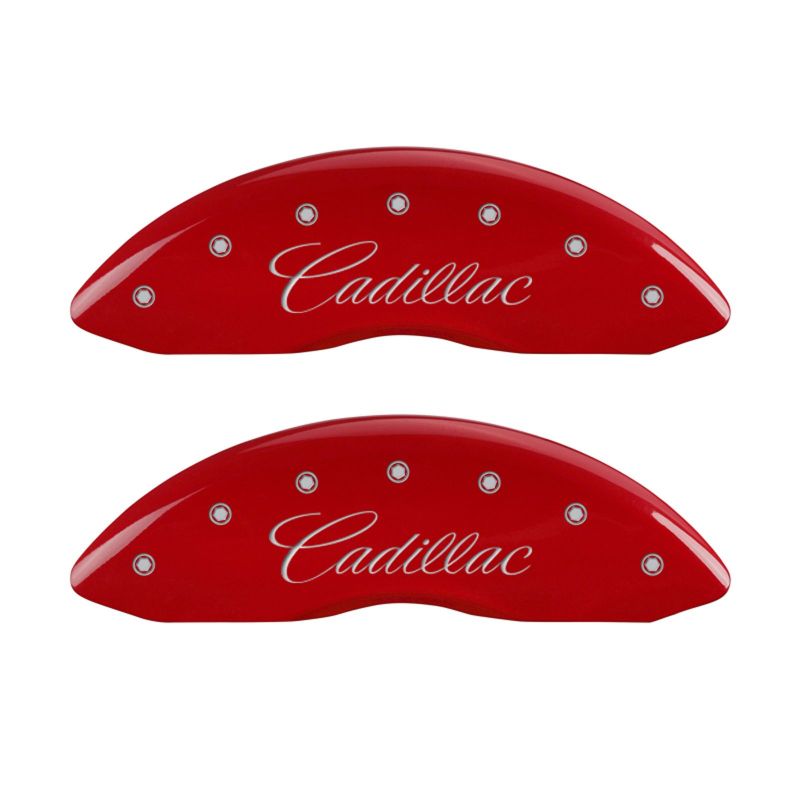MGP 4 Caliper Covers Engraved Front Cursive/Cadillac Engraved Rear CTS4 Red finish silver ch - 35020SCT4RD