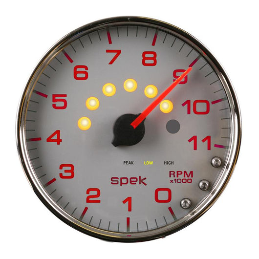 Autometer Spek-Pro Gauge Tachometer 5in 11K Rpm W/Shift Light & Peak Mem Silver/Chrome - P23921