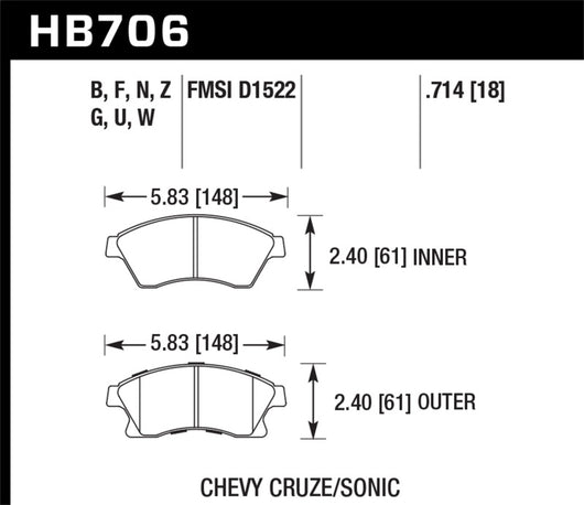 Hawk 11-12 Chevy Cruze Eco/LS/1LT/2LT/LTZ / 12 Sonic LS/LT/LTZ HP Plus Front Street Brake Pads - HB706N.714