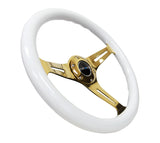 NRG Classic Wood Grain Steering Wheel (350mm) White Grip w/Chrome Gold 3-Spoke Center - ST-015CG-WT
