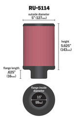 K&N Filter Universal Rubber Filter 3.5in Flange ID x 5in OD x 5.625in H - RU-5114