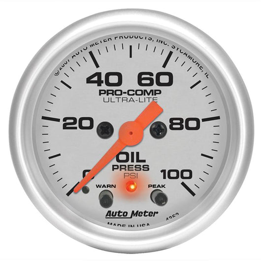 Autometer Ultra-Lite 52mm 0-100 PSI F/S Electronic Oil Pressure w/ Peak Memory & Warning Gauge - 4352
