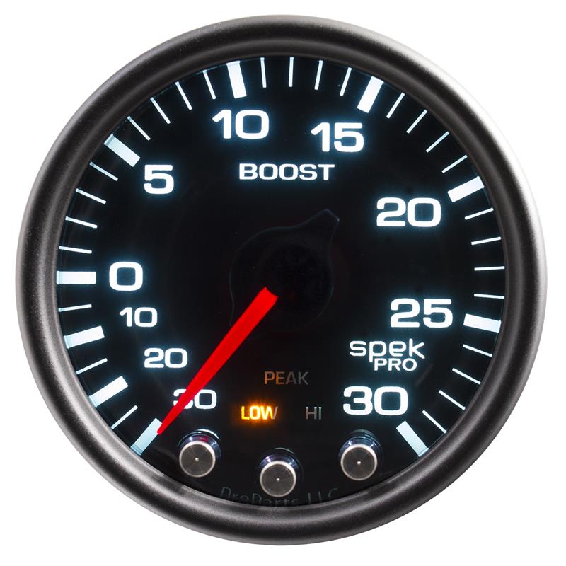 Autometer Spek-Pro Gauge Vac/Boost 2 1/16in 30Inhg-30psi Stepper Motor Peak & Warn Black/Smoke/Black - P30252