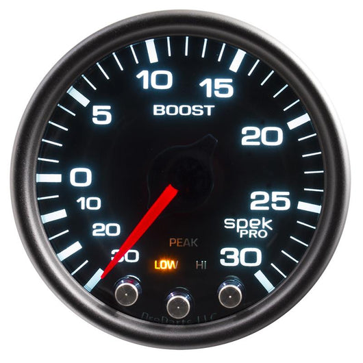 Autometer Spek-Pro Gauge Vac/Boost 2 1/16in 30Inhg-30psi Stepper Motor Peak & Warn Black/Smoke/Black - P30252